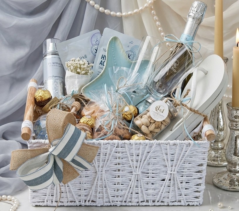 Chérie Delight handcrafted birthday gift basket in soft blue and ivory tones