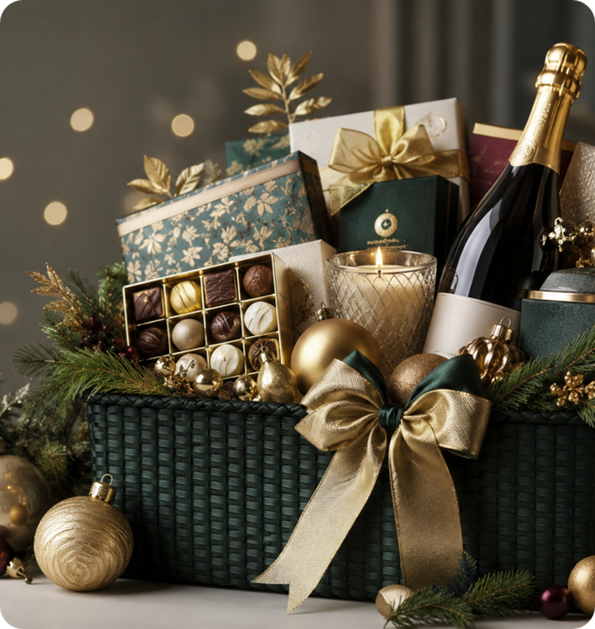 Grand Impression luxury gift basket in deep green and gold tones