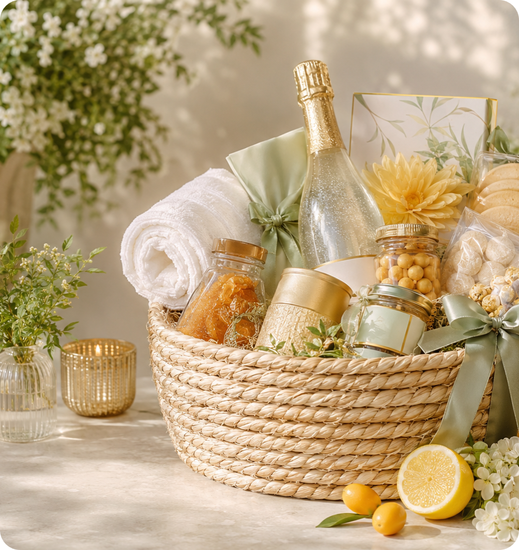 Petite Moment mini gift basket in soft sage, ivory, and gold tones