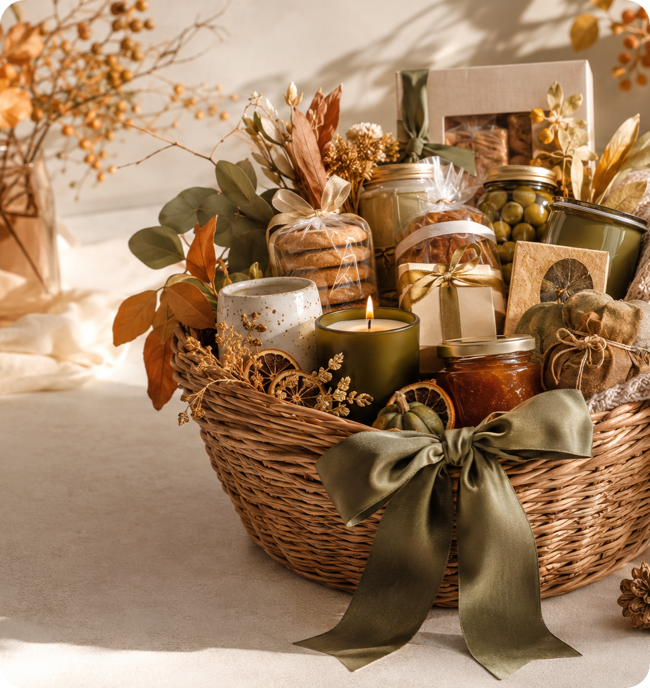Signature Celebration gift basket in warm autumn and olive tones
