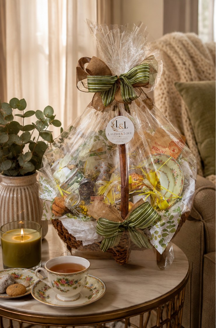 Yellow and green tea-time basket finished with transparent wrapping