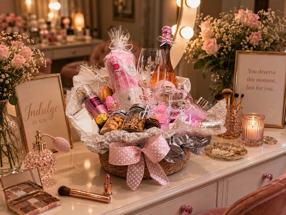 Vivid pink self-care celebration basket in an elegant dressing-room setting