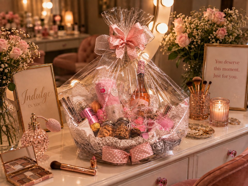 Vivid pink self-care celebration basket finished with transparent wrapping
