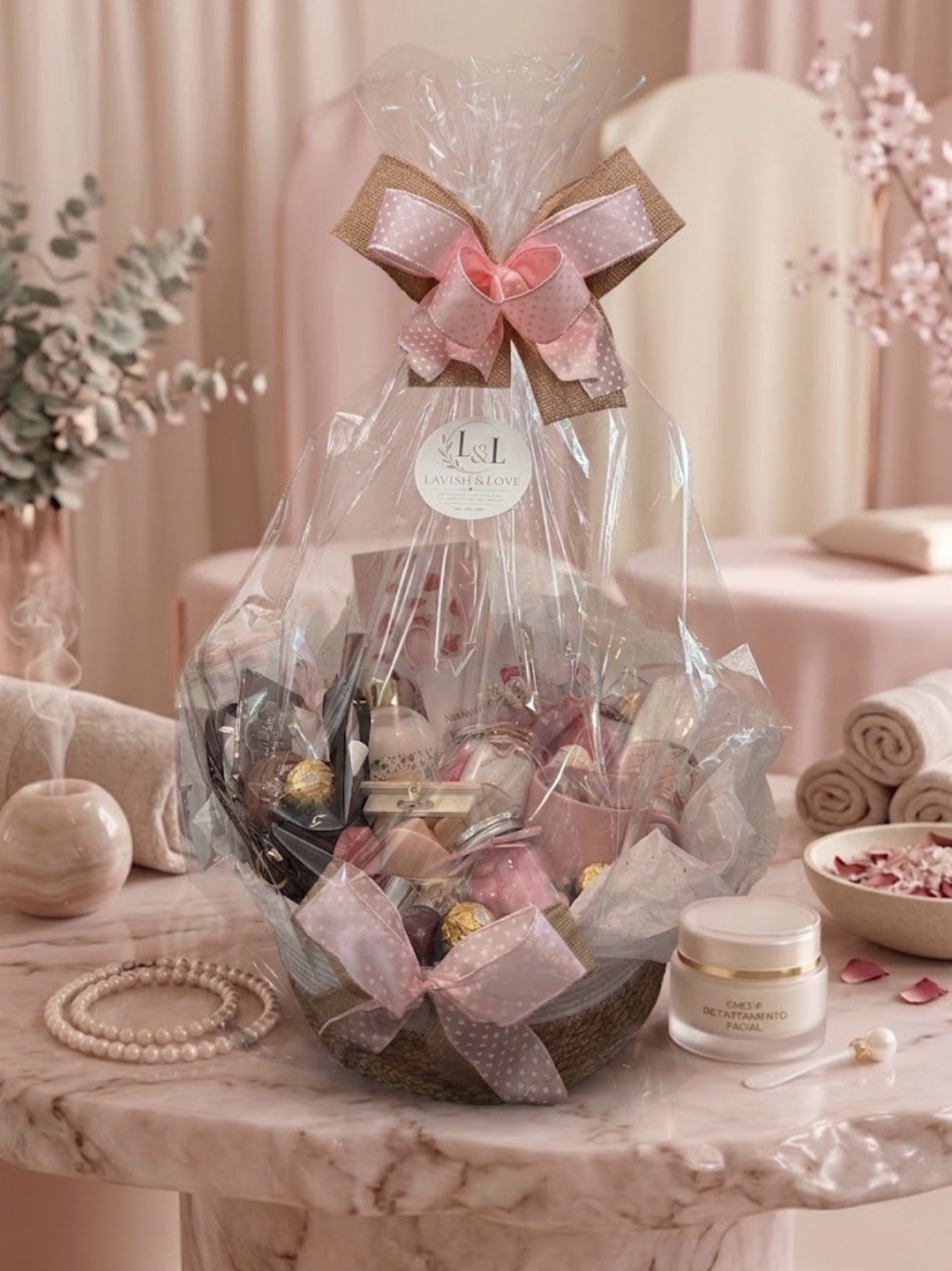 Light pink wellness basket finished with transparent wrapping